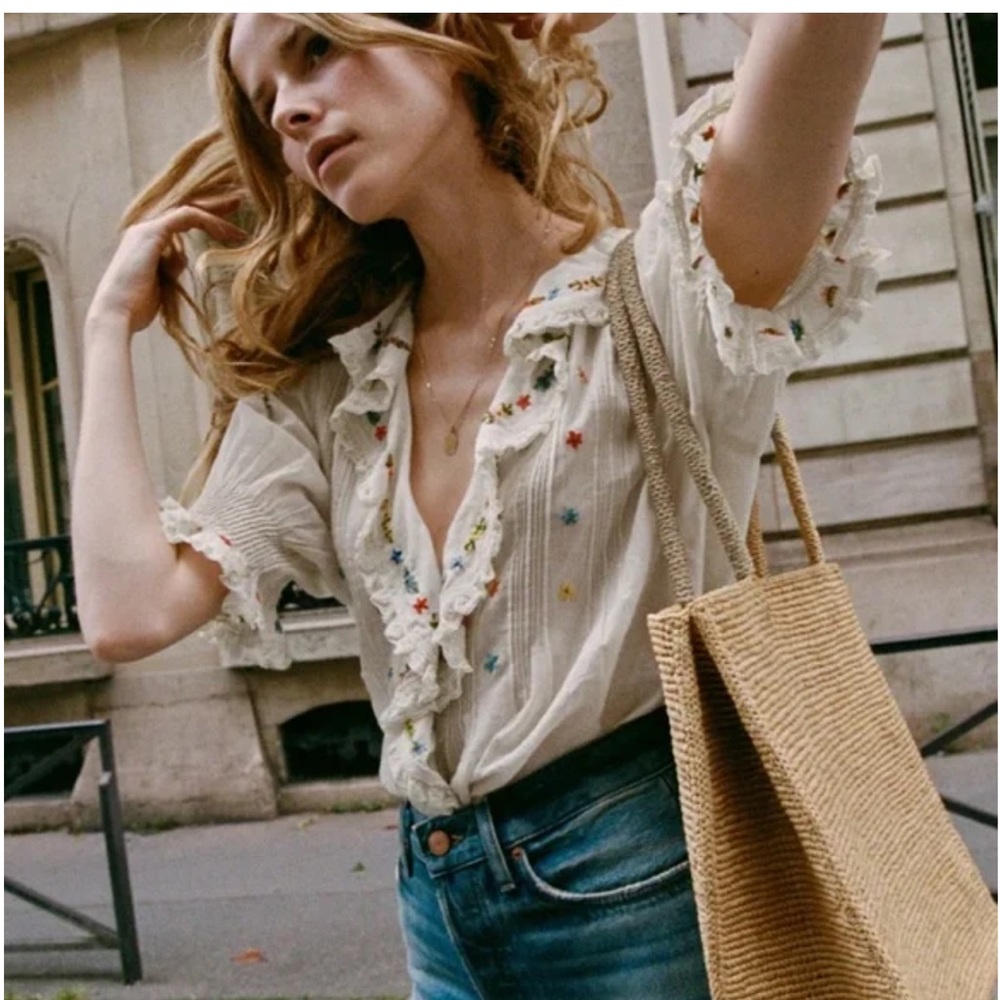 Doen Embroidered Hettie Top in Sea salt S